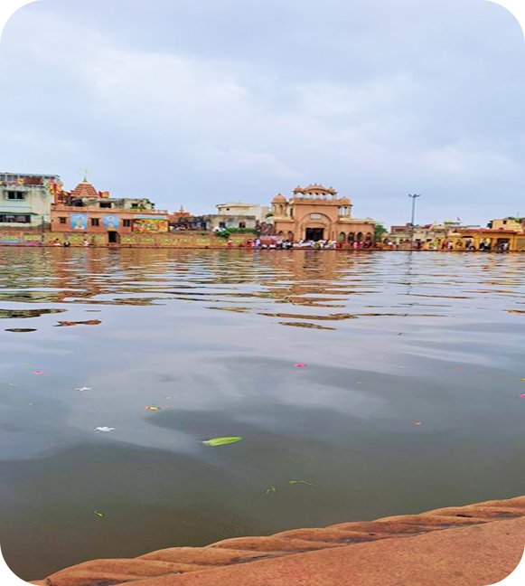 Sacred water body, kund, and historic temple ghat in Braj